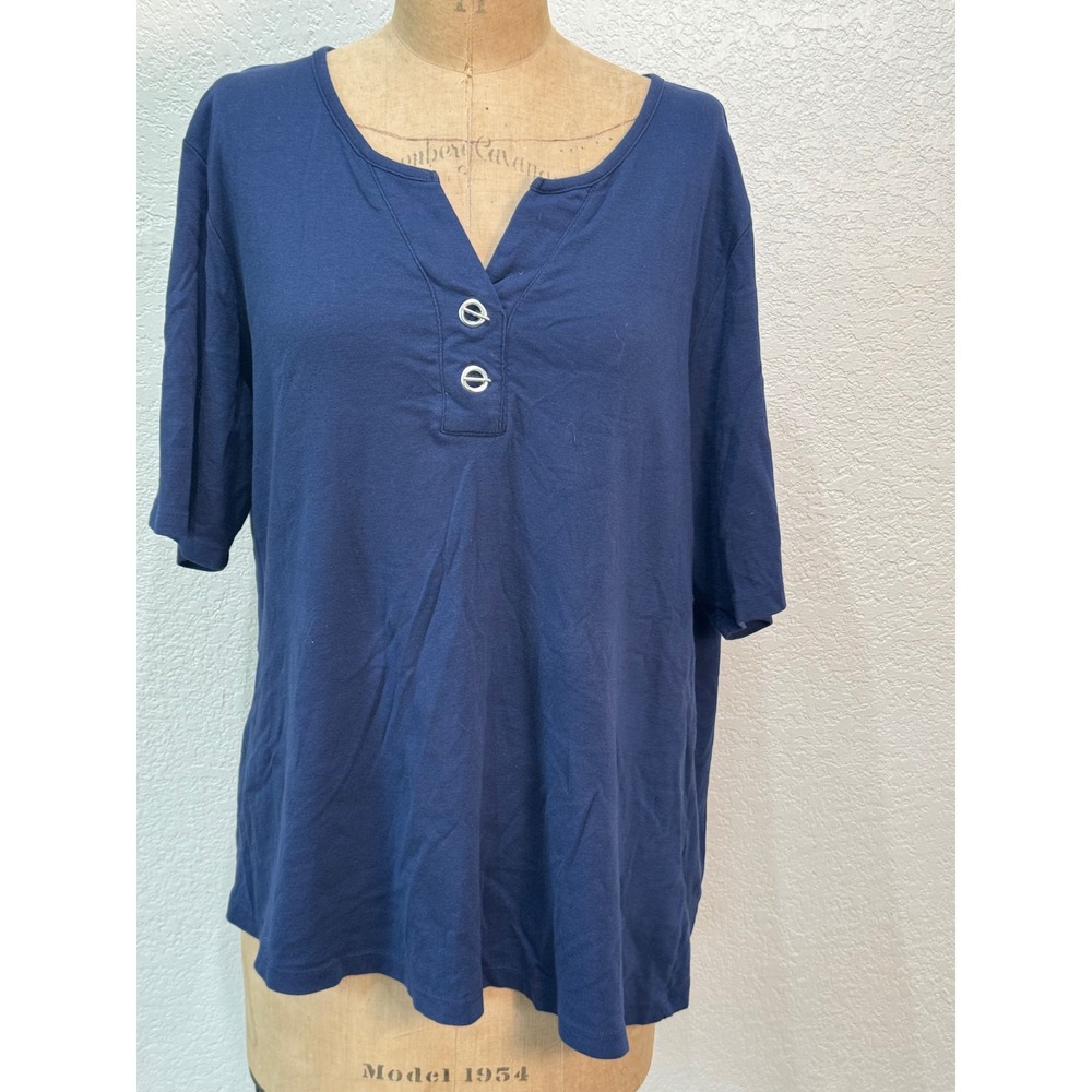 Karen Scott Womens 3X Navy Blue 100% Cotton Short Sleeve Henley Top